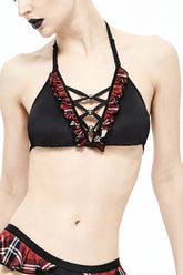 Haut de maillot de bain punk pour femme avec crâne à cloche, lacets noirs/rouges, poitrine à volants